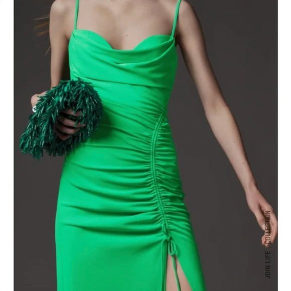 ZARA STRETCH KELLY GREEN SWEETHEART DRAPED DRAWSTRING SLIT MIDI MAXI DRESS $59.9 - Picture 17 of 17